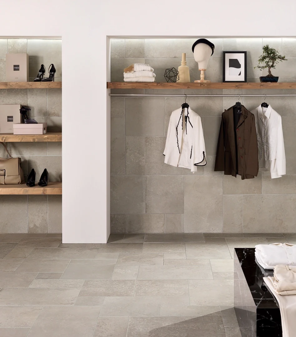 Gres Tagina MEDITERRANEA efekt kamień - aranzacja w eleganckiej lazience