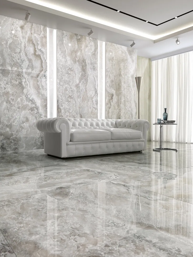 Gres Tagina ONYX DIAMOND efekt marmur - aranzacja w przestronnym holu