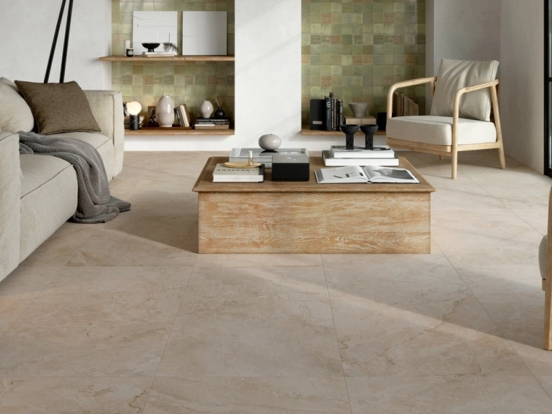 Gres porcelanowy Marazzi Alba drewno i kamień w luksusowym salonie