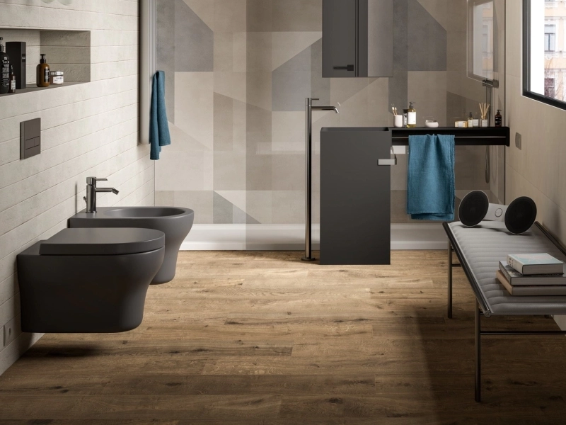 Gres porcelanowy Marazzi Alchimia beton w minimalistycznym wnętrzu