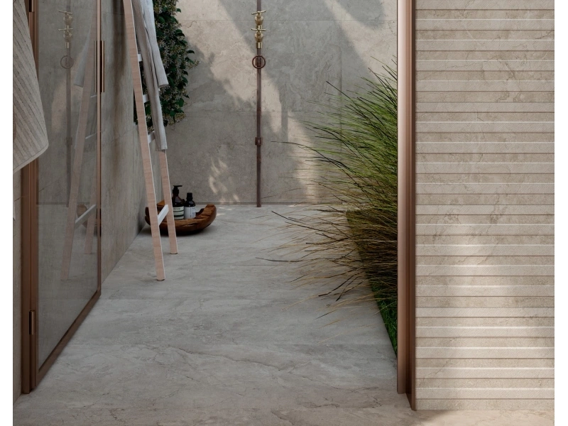 Gres porcelanowy Marazzi Alba drewno i kamień w przestronnej strefie dziennej