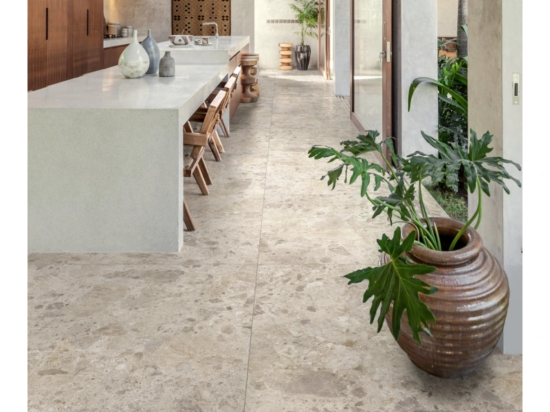 Płytki Ragno Eterna efekt terrazzo, Kamień, Beton, Marmur w salonie z otwartą kuchnią