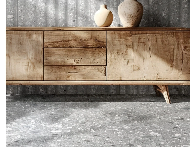Wielkoformatowy gres Ragno Realstone Ceppo efekt terrazzo w eleganckiej strefie dziennej