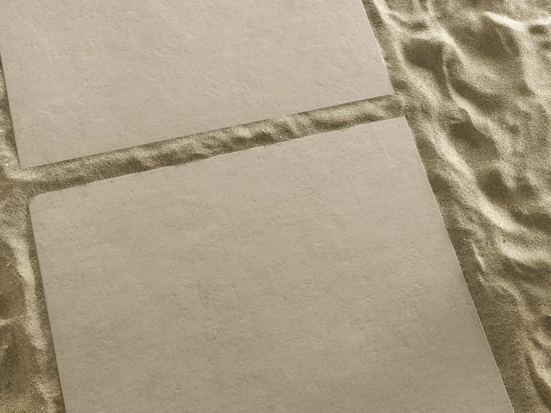 Wielkoformatowy gres Ragno Concept efekt kamień w salonie z kominkiem