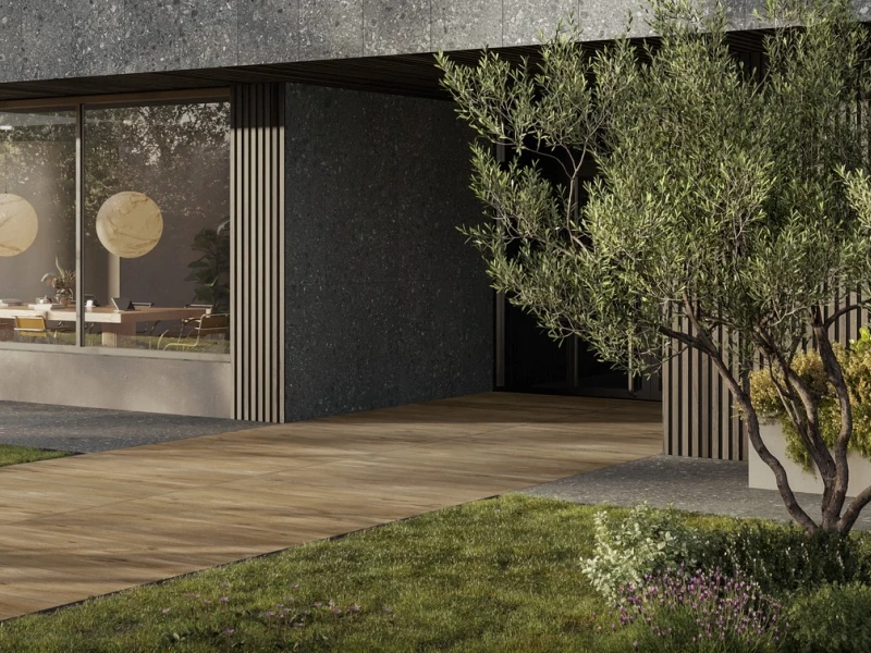 Płytki Ragno Realstone Ceppo efekt terrazzo w minimalistycznym wnętrzu
