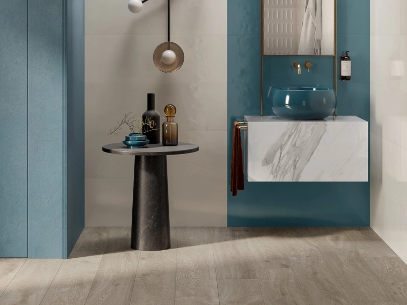 Płytki gresowe Ragno Maiora Concrete Effect efekt beton w nowoczesnym salonie