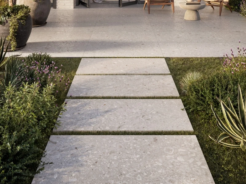 Ragno Realstone Ceppo gres o efekcie terrazzo w nowoczesnym apartamencie