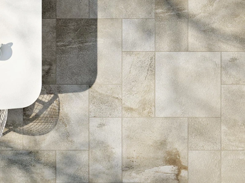 Gres porcelanowy Ragno Stoneway Barge Antica efekt terrazzo, Kamień w luksusowym salonie