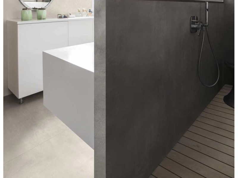 Gres porcelanowy Ragno Maiora Concrete Effect efekt beton w nowoczesnej aranżacji salonu