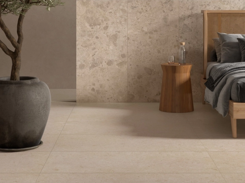 Gres porcelanowy Ragno Eterna efekt terrazzo, Kamień, Beton, Marmur w nowoczesnej aranżacji salonu