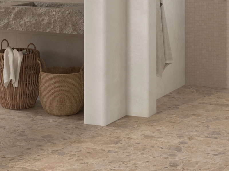 Ragno Eterna gres o efekcie terrazzo, Kamień, Beton, Marmur w nowoczesnym apartamencie
