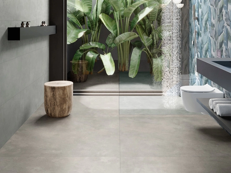 Gres porcelanowy Ragno Stratford efekt kamień, Beton w luksusowym salonie – aranżacja 42