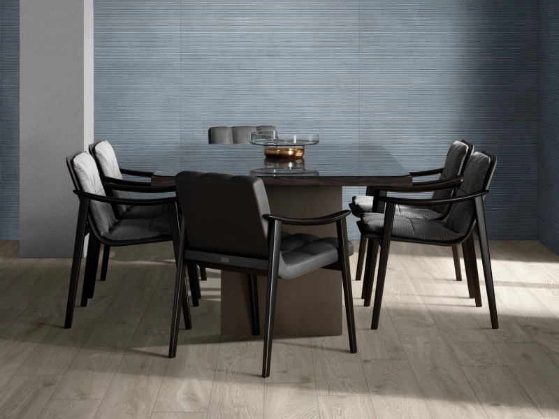 Gres porcelanowy Ragno Stratford Wall efekt kamień w luksusowym salonie