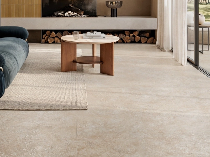 Ragno Realstone Travertino – gres imitujący kamień w jasnym, przestronnym salonie