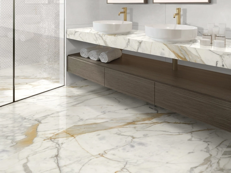 Gres porcelanowy Ragno Incanto efekt marmur w przestronnej strefie dziennej