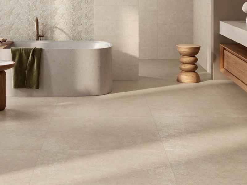 Gres porcelanowy Ragno Tiempo Wall efekt beton w nowoczesnej aranżacji salonu