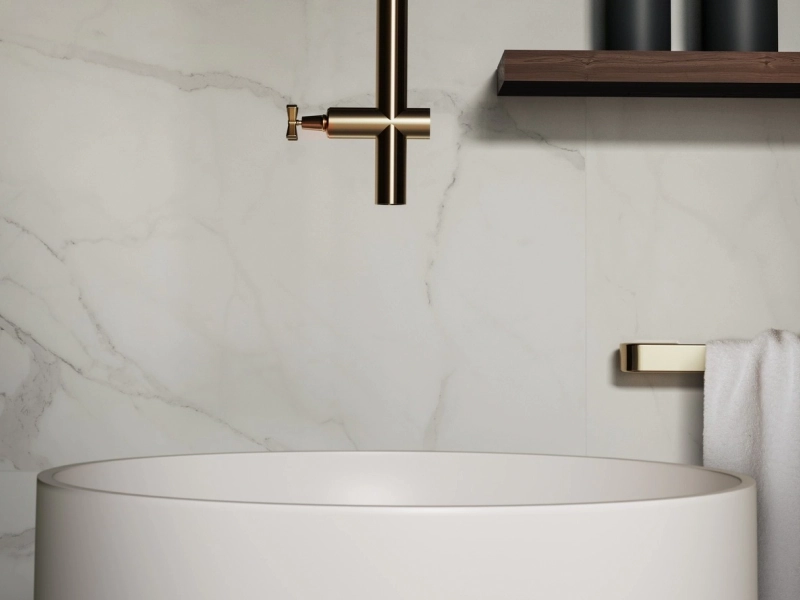 Płytki Marazzi Allmarble Wall efekt marmur w nowoczesnej aranżacji salonu